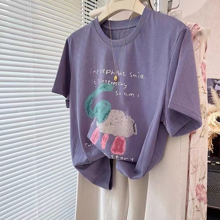 Special Offer Casual Korean Style Plus Size 120kg Youthful and Age-Reducing Cute Elephant Print Round Neck Short-Sleeved T-Shirt for Women