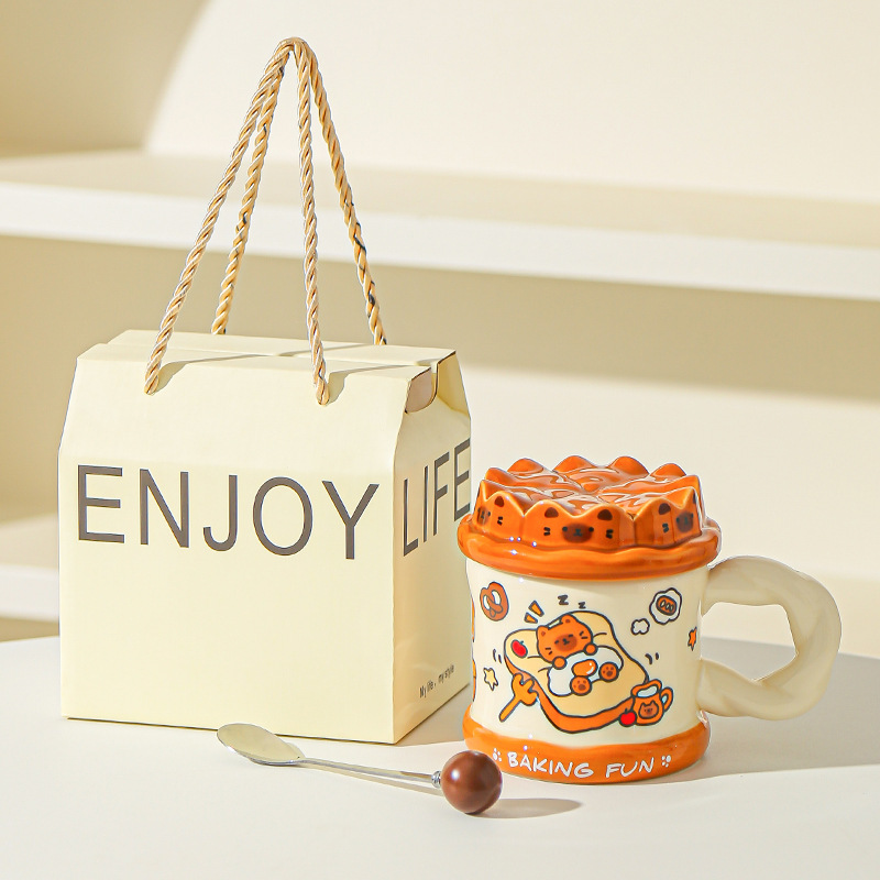 Tarta de cumpleaños pintada a mano, taza de gato, taza de cerámica de alta calidad con cubierta, taza de agua para niñas, taza de cerámica para parejas