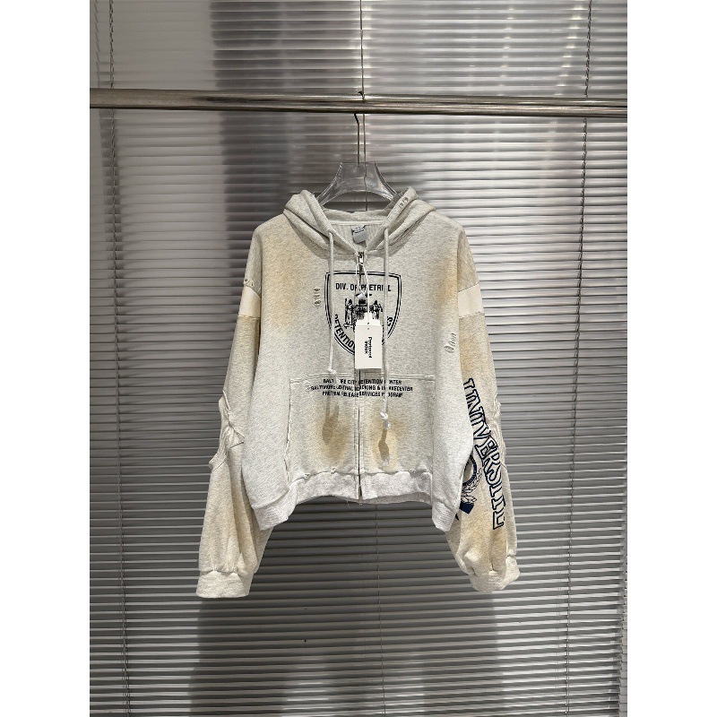 Protocol Index patchwork distressed print zip-up oversized hooded sweatshirt jacket