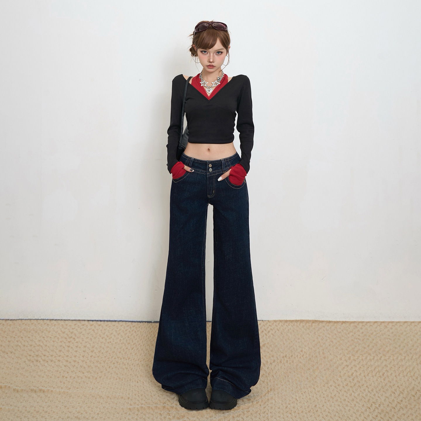 2025美式复古低腰辣妹双扣宽松喇叭裤秋冬垂感百搭牛仔裤女新款