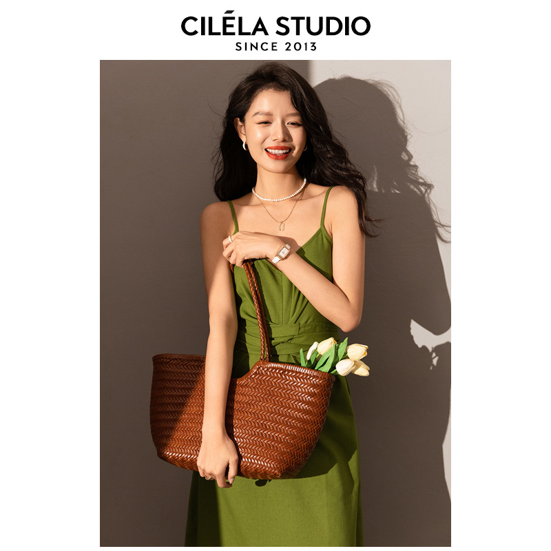 Hand-Woven Genuine Leather Basket Bag, Large Capacity Tote Handbag & Shoulder Bag For Women, Summer Vacation Underarm Bag - Thumbnail 3