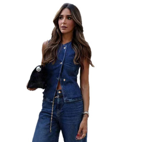 Conjunto de chaleco vaquero y pantalones de pierna ancha para mujer, estilo urbano de moda de verano 2025 con estampado 3D._voghion.com