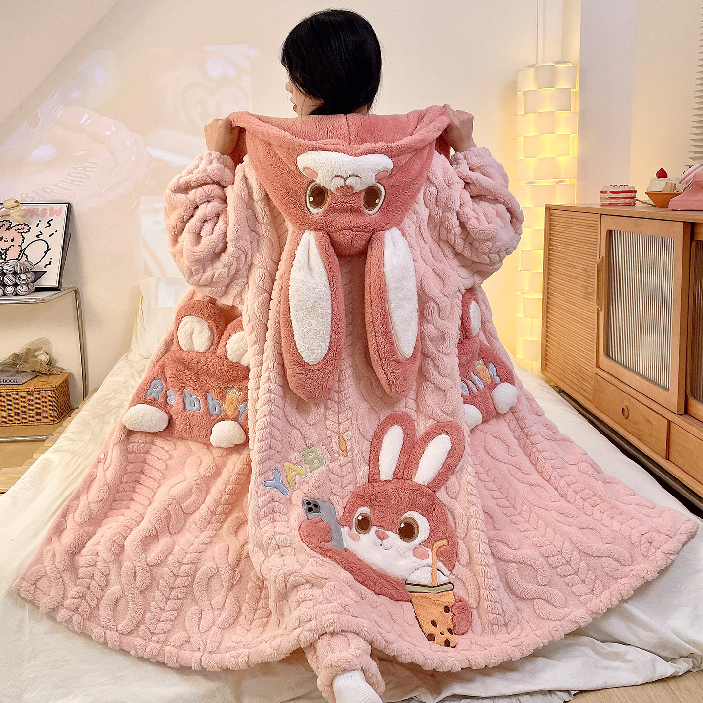 Women's Coral Fleece Thickened and Fleece-Lined Nightgown for Autumn and Winter 2026, New Cartoon Design, Can Be Worn Outside, Suitable for College Students and Home Wear