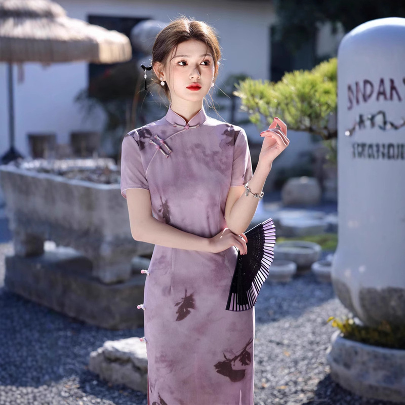 Spring and Summer 2025 New Mesh Printed Double Layer Long Cheongsam New Chinese Purple Elegant Butterfly Cheongsam