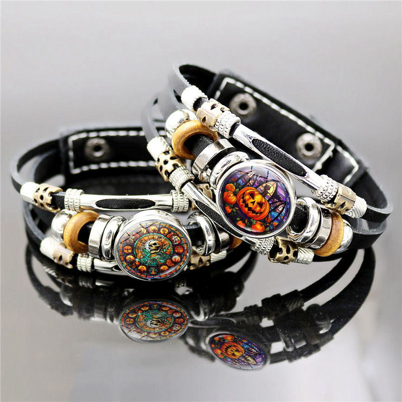 Halloween Pumpkin Leather Bracelet Men's Braided Punk Vintage Beaded Halloween Gift Bracelet_voghion.com