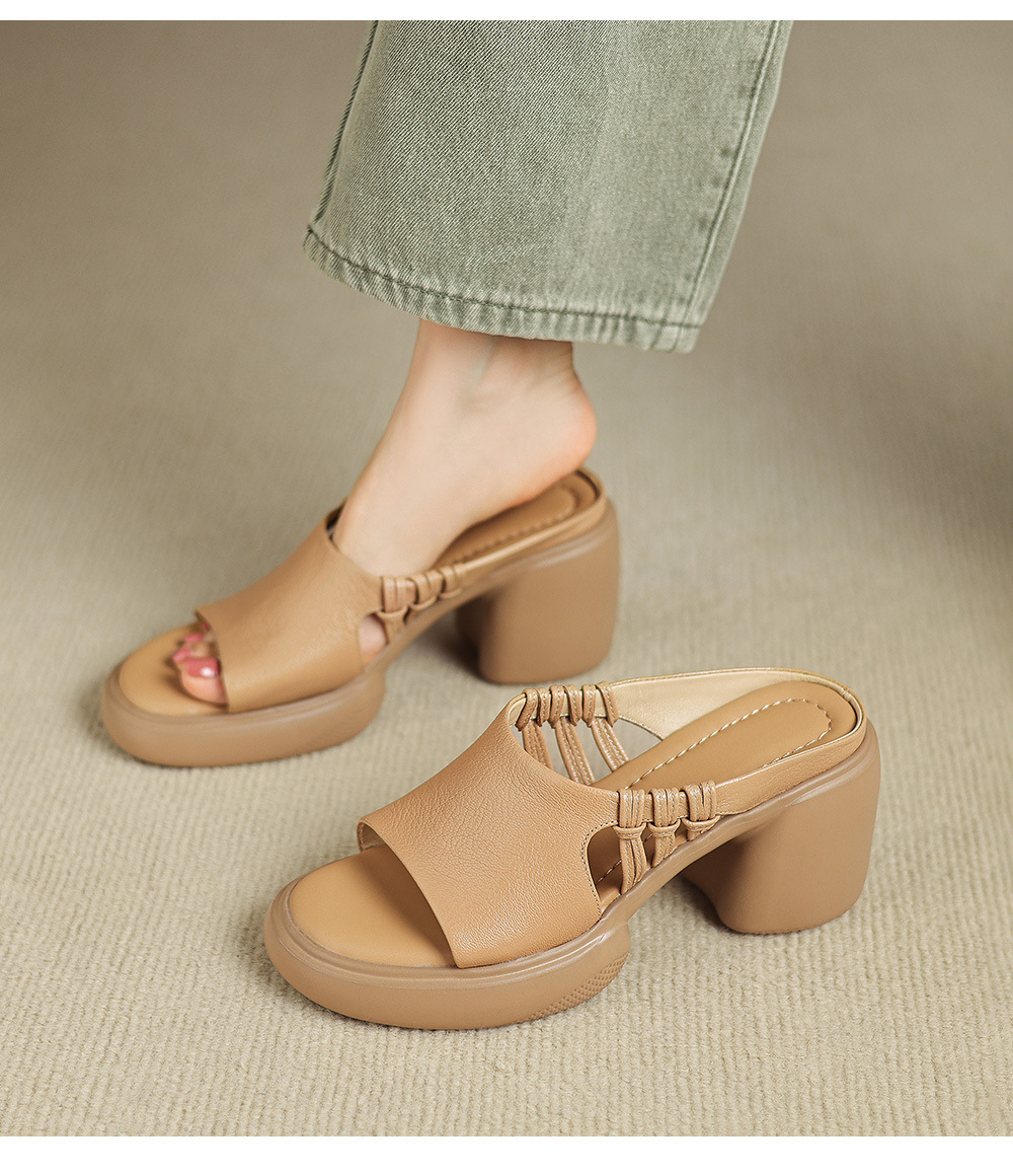 Sandal cao gót nữ da cừu siêu mềm, gót vuông, mũi hở, đế dày, quai ngang đan lưới — màu trắng ngà, màu mơ chi tiết 17