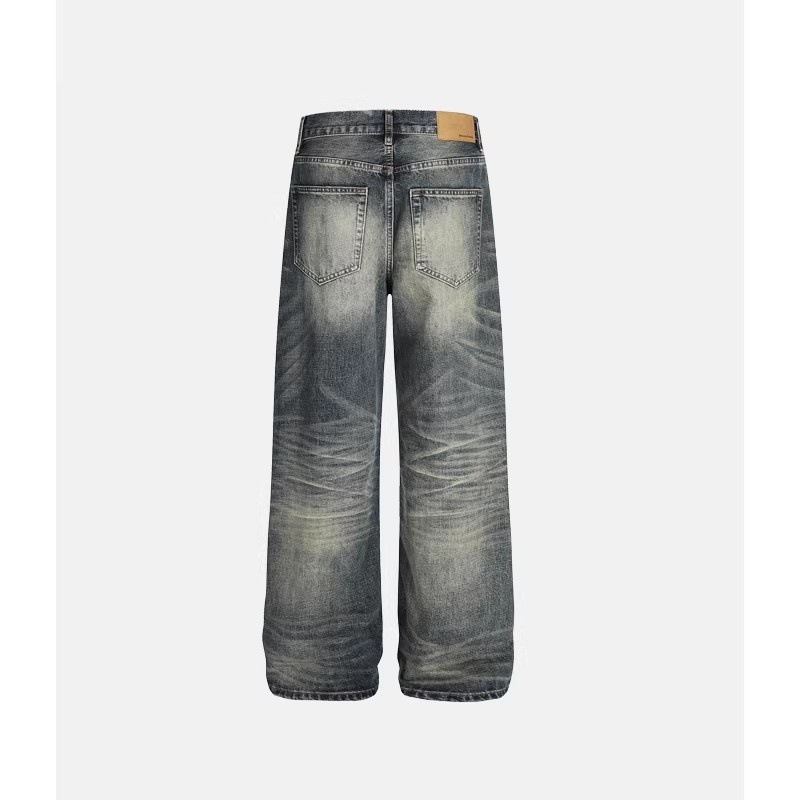 Men's American Retro Distressed Whiskered Jeans Clean Fit Slimming mid Waist Loose Casual Versatile Long Pants Kpop Normcore_mkmklike.com