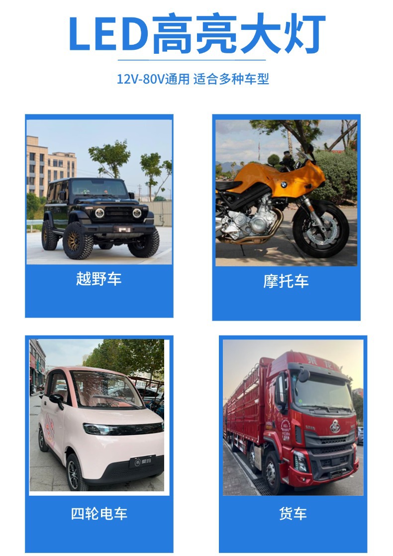High-Brightness Field of View 12V-80V Off-Road Vehicle Electric Vehicle Truck Universal High and Low Beam Waterproof and Shockproof Motorcycle Headlight