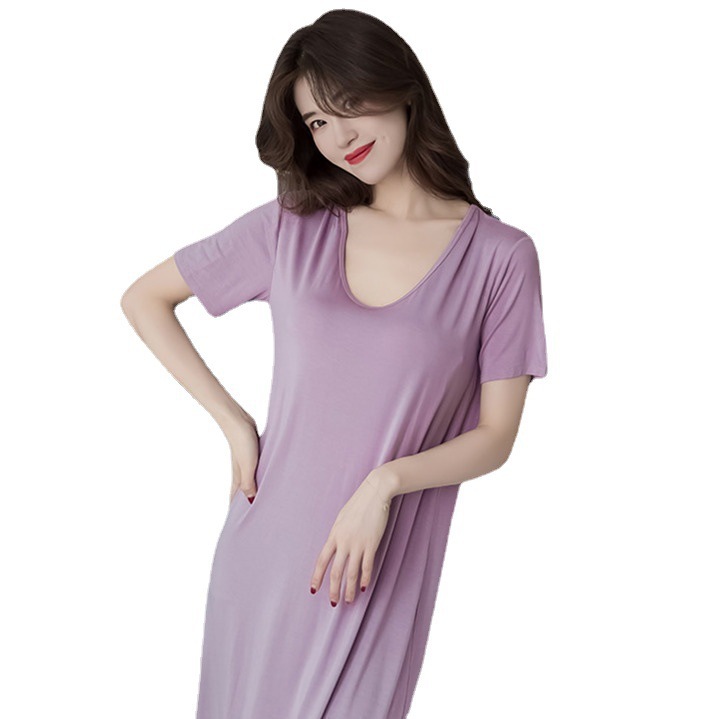 Camisón pijama de una pieza delgada de verano para mujer con almohadilla en el pecho largo sobre la rodilla delgada ropa para el hogar ropa exterior color sólido Comercio exterior