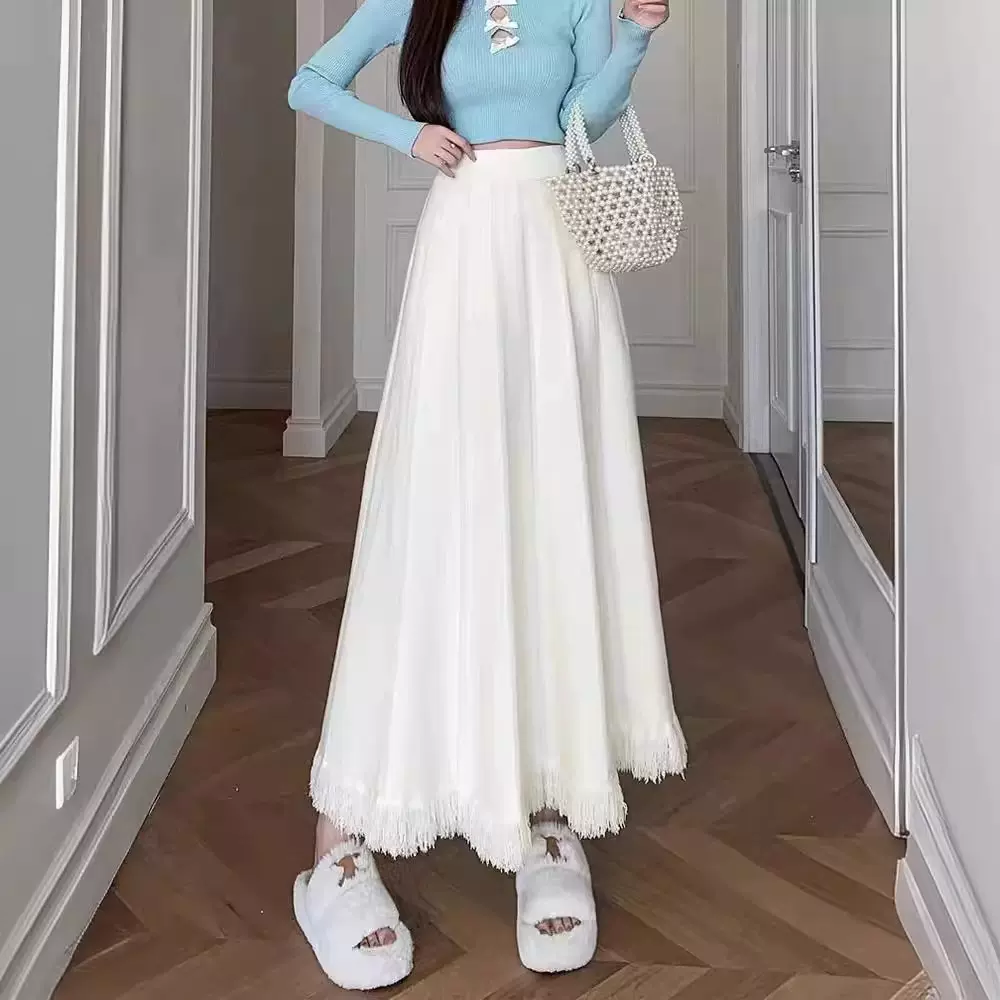 流苏针织半身裙女2025新款秋冬季中长款高腰显瘦大摆遮胯a字裙子