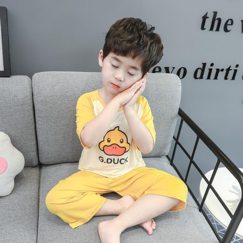 Little Yellow Duck Children's Modal Pajamas Summer Thin Style for Boys and Girls, Baby Air-Conditioning Clothing, Toddler Loungewear