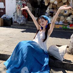 2025 5 月 1 日旅行絞り染め新しいブルードレス夏エスニックサスペンダー気質海辺ビーチロングドレス女性のための