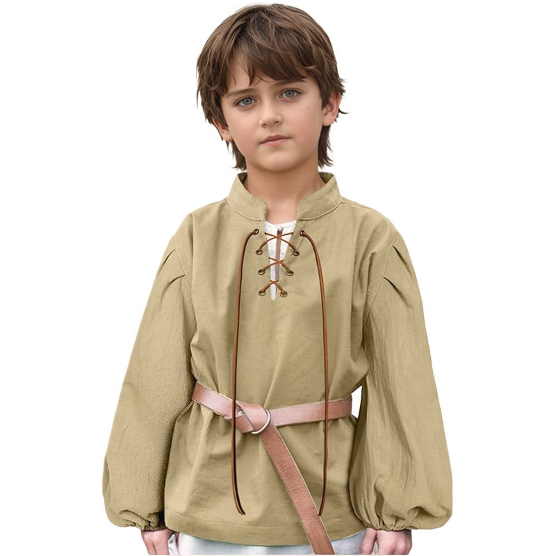 中世風襟付き子供服シャツ、男の子用、紐付き海賊シャツ、バイキング風、ヨーロッパ風、アメリカ風、レトロ