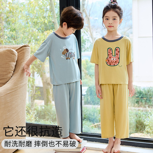 Boys pajamas 2025 new summer thin girls short-sleeved trousers children's girls home clothes big children's air conditioning clothes