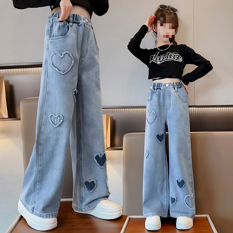 女童春秋牛仔裤女童阔腿裤爆款阔腿裤网红爱心牛仔裤弹力中童阔腿