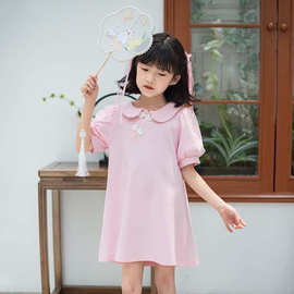 女童汉服裙夏装新款洋气小女孩泡泡袖学院风夏季连衣裙中大童