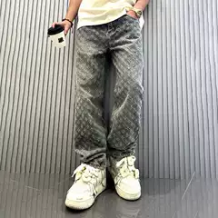 2025 Jacquard All over Print High Street Fashion Brand Ins Design Jeans Loose Straight Style Washed Wide Leg Long Pants