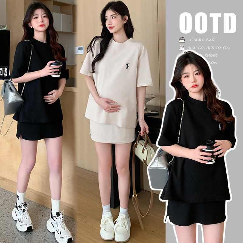 Korean Style Maternity Casual Sporty Round Neck Knitted Short-Sleeve Top + Anti-Exposure Skirt Plus Size Set for Summer Pregnancy