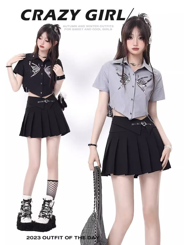 Trendy Summer American Retro Baseball Collar Shirt for Women, Short-Sleeve High-Waisted Spicy Girl Top with Butterfly Design, Niche Fashion