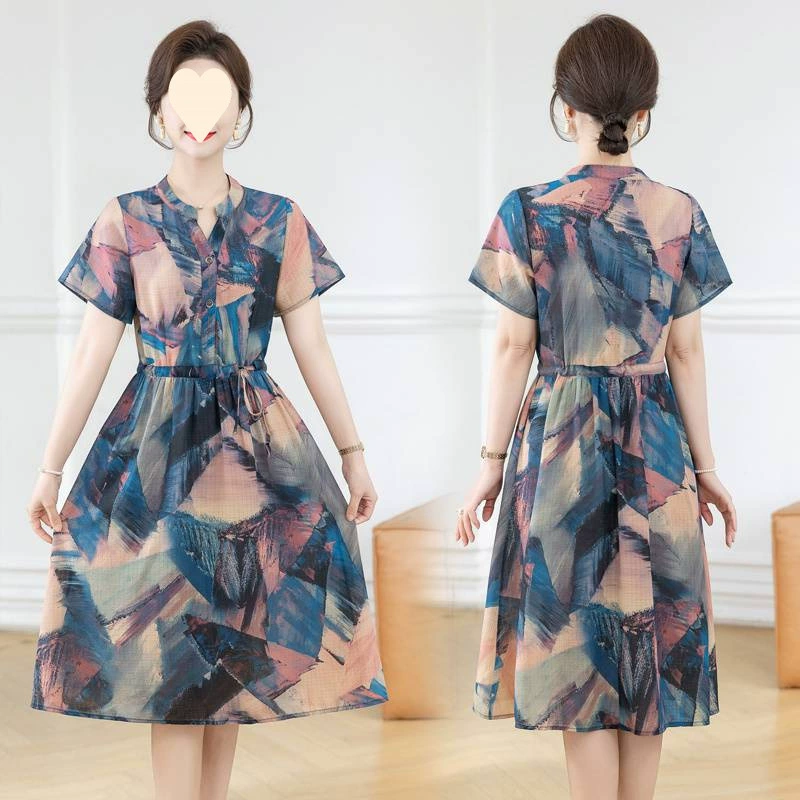 Новое китайское платье в стиле 2025 года, летнее, средней длины, с завышенной талией, элегантная юбка для женщин среднего возраста, юбка с цветочным принтом