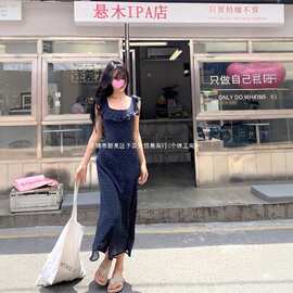 法式碎花波点飞飞袖荷叶边吊带连衣裙女夏季气质收腰包臀裙长裙子