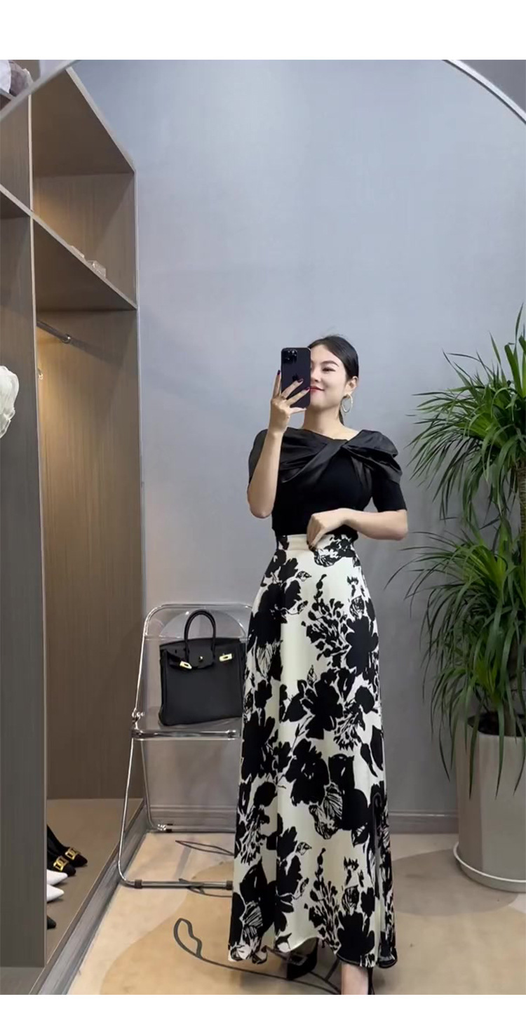 Chân váy hoa nhí cạp cao phong cách Hepburn FL232002 – thiết kế tôn dáng, phù hợp mùa hè — Đen trắng chi tiết 3