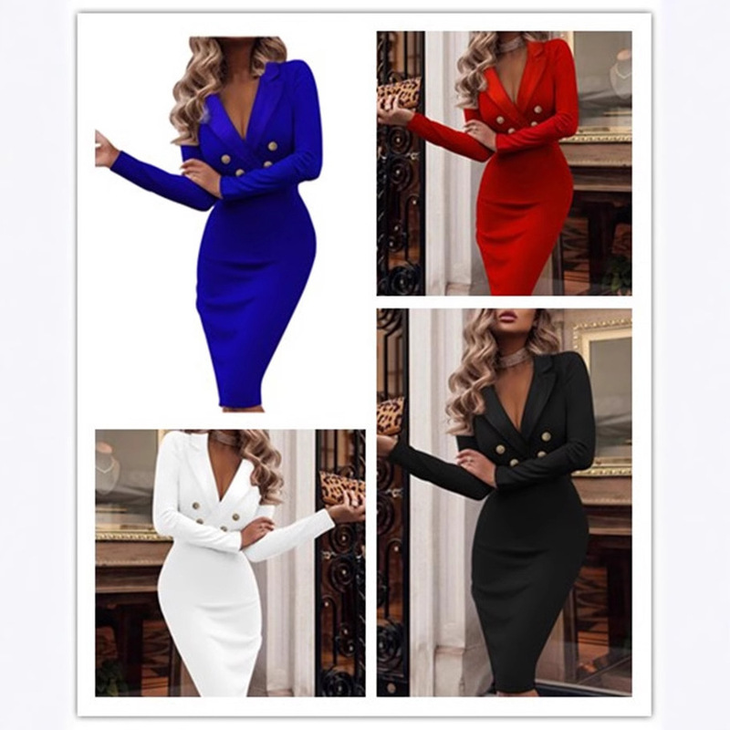 Independent Station Wish Amazon Hot Style 2025 Autumn and Winter Pure Color V Neck Double-Breasted Suit Hip-Hugging Dress for Women