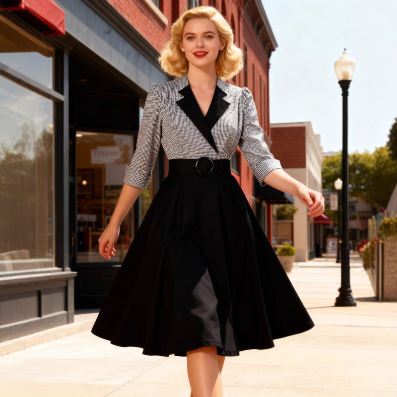 Amazon Cross-Border Hepburn Style Black Waist Three-Quarter Sleeve Retro Elegant Large Swing Women's Dress Cotton