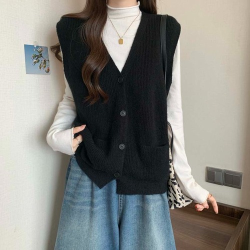 Chic Youthful V-Neck Knit Vest Outerwear for Women Autumn/Winter Plus Size Fat Sister Versatile Elegant Slimming Solid Color Top