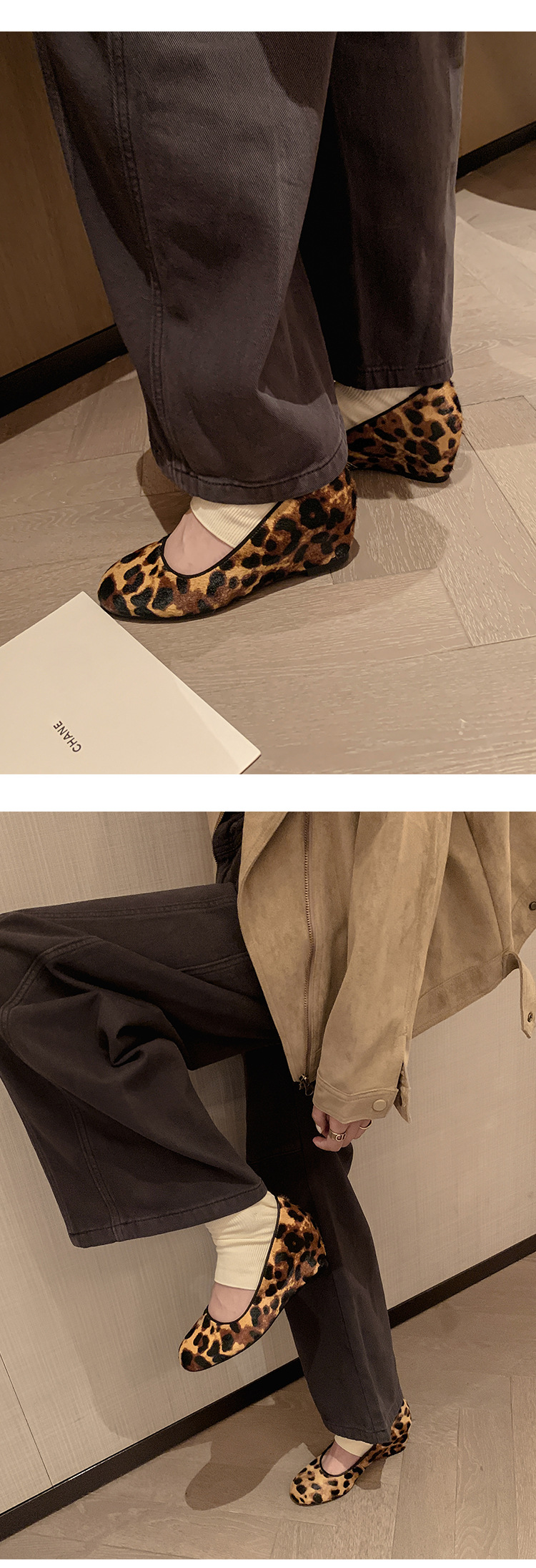 Giày cao gót nữ đế xuồng platform da bò họa tiết da báo, mũi tròn, dáng slip-on, gót ước lượng 6-8 cm — màu đen chi tiết 12