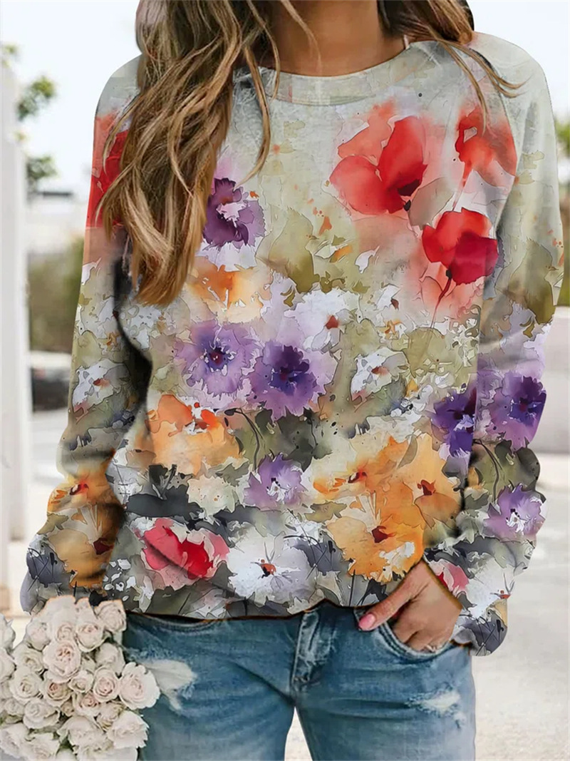 Elegant Flower Polyester Round Neck Long Sleeve Regular Sleeve Printing Hoodie