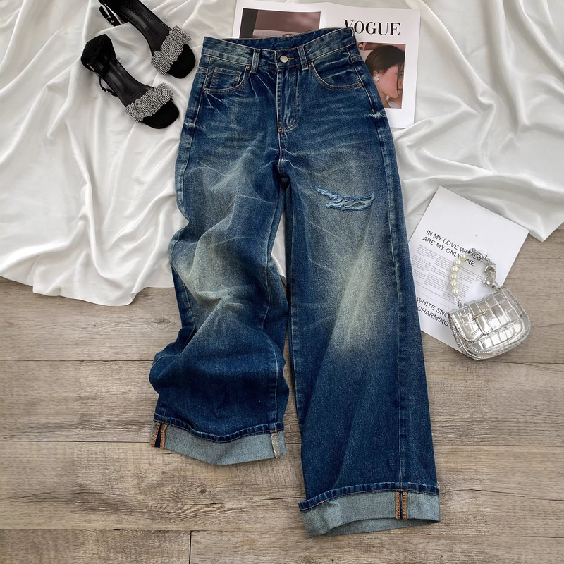 American High Street Retro Ripped Wide-Leg Jeans for Women, Summer 2026, Low-Waist, Slim-Fit, Drapey Straight Pants