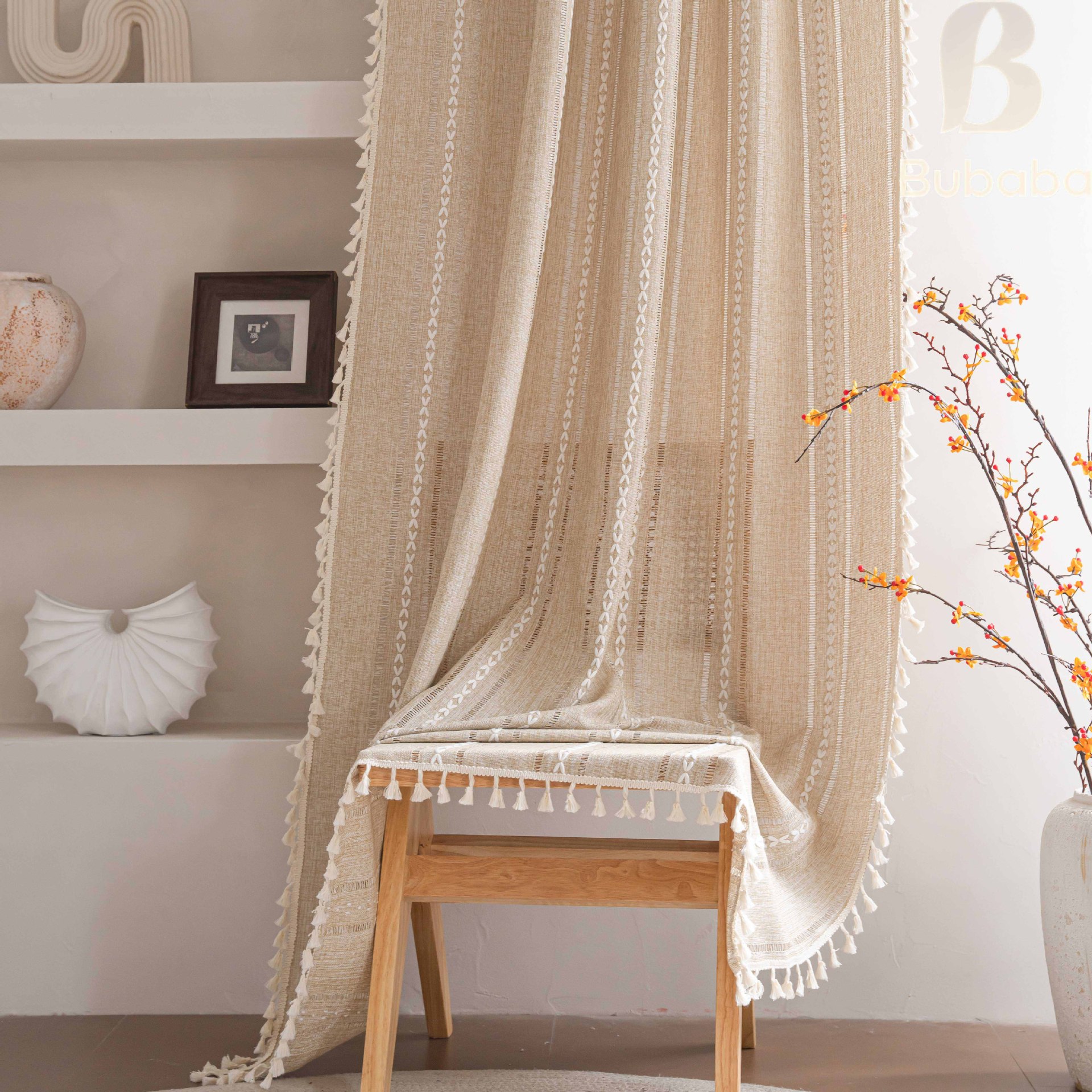 Cortinas rústicas de rayas bordadas para salón y dormitorio_voghion.com