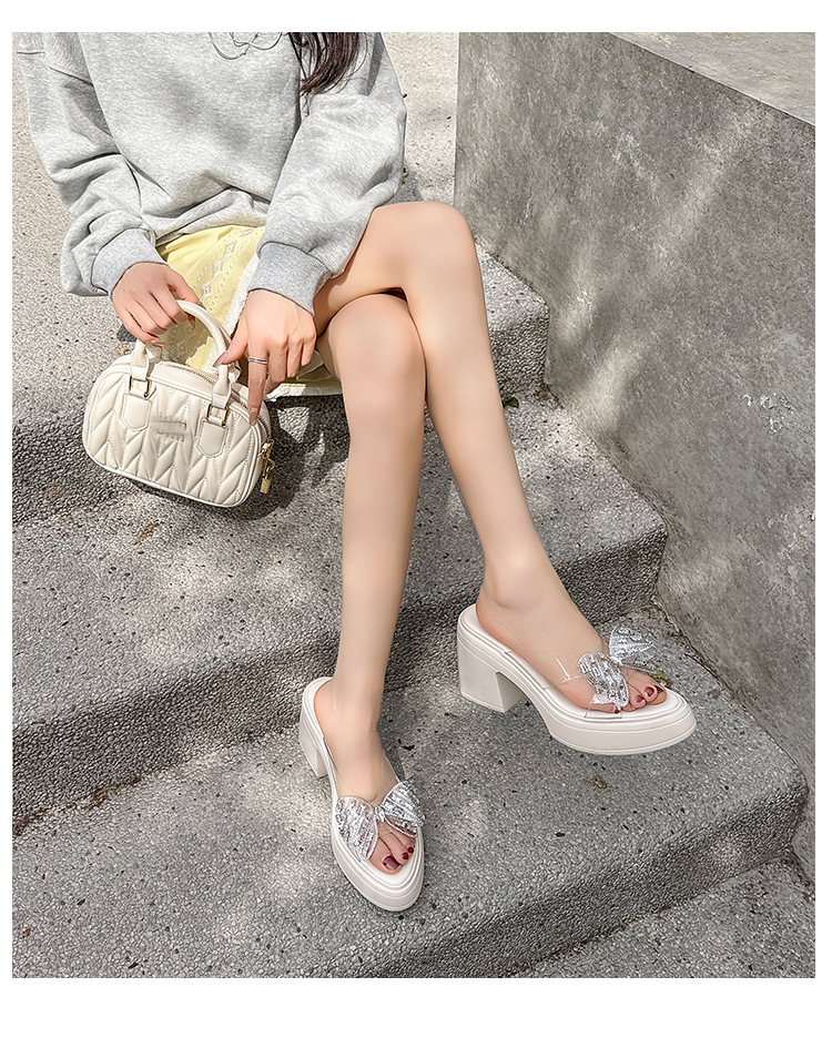 Dép sandal cao gót nữ quai ngang gót thô 10cm đính nơ đá lấp lánh — Màu hồng, Màu trắng be chi tiết 17