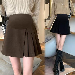 Pregnant women's skirt spring and autumn belly support A- line Internet celebrity irregular short skirt autumn and winter woolen skirt pleated skirt