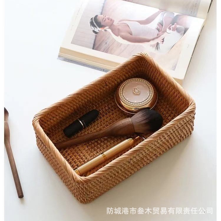 Cesta de almacenamiento de ratán vietnamita puramente hecha a mano para sala de estar, dormitorio, cosméticos, organización de escritorio, caja de almacenamiento de aperitivos y artículos diversos