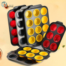 新款碳钢12孔按压式烘培硅胶蛋糕模蛋挞模6孔烤箱模具Baking Pan