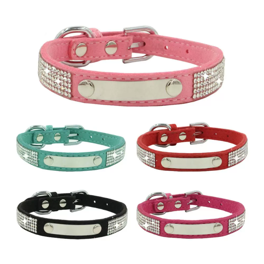 跨境烫钻宠物项圈不锈钢刻字狗项圈中小型皮革宠物牵引绳厂家批发