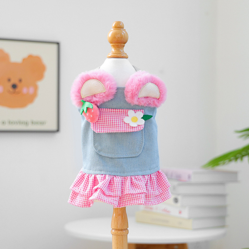 宠物衣服秋冬款小型犬幼犬快乐狗猫保暖舒适服饰草莓花花牛仔裙|undefined