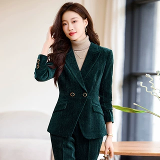 春秋冬金丝绒长袖西装外套经理面试工作服西服套装两件套裤女8905