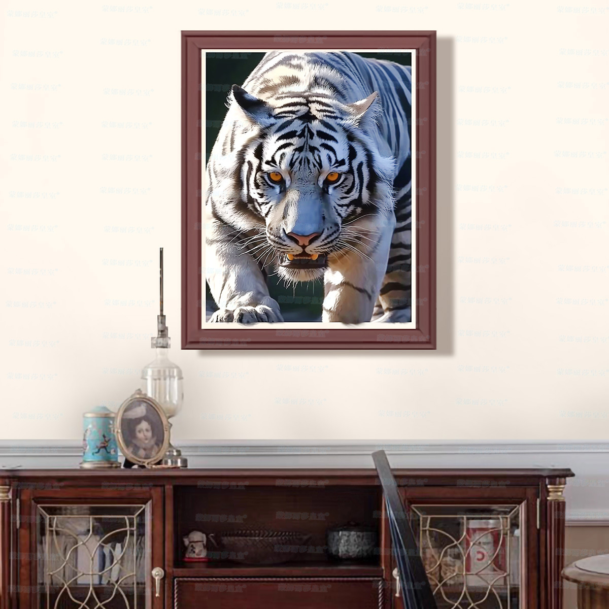Mona Lisa real bordado de cruz tigre blanco nuevo estilo animal arte moderno sala de estar decoración pintura bordada de hilo a mano image 1