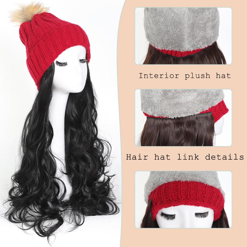ladies knitted hat wool ball hat wig chemical fiber 45cm plus velvet winter wool hat hat wig_voghion.com