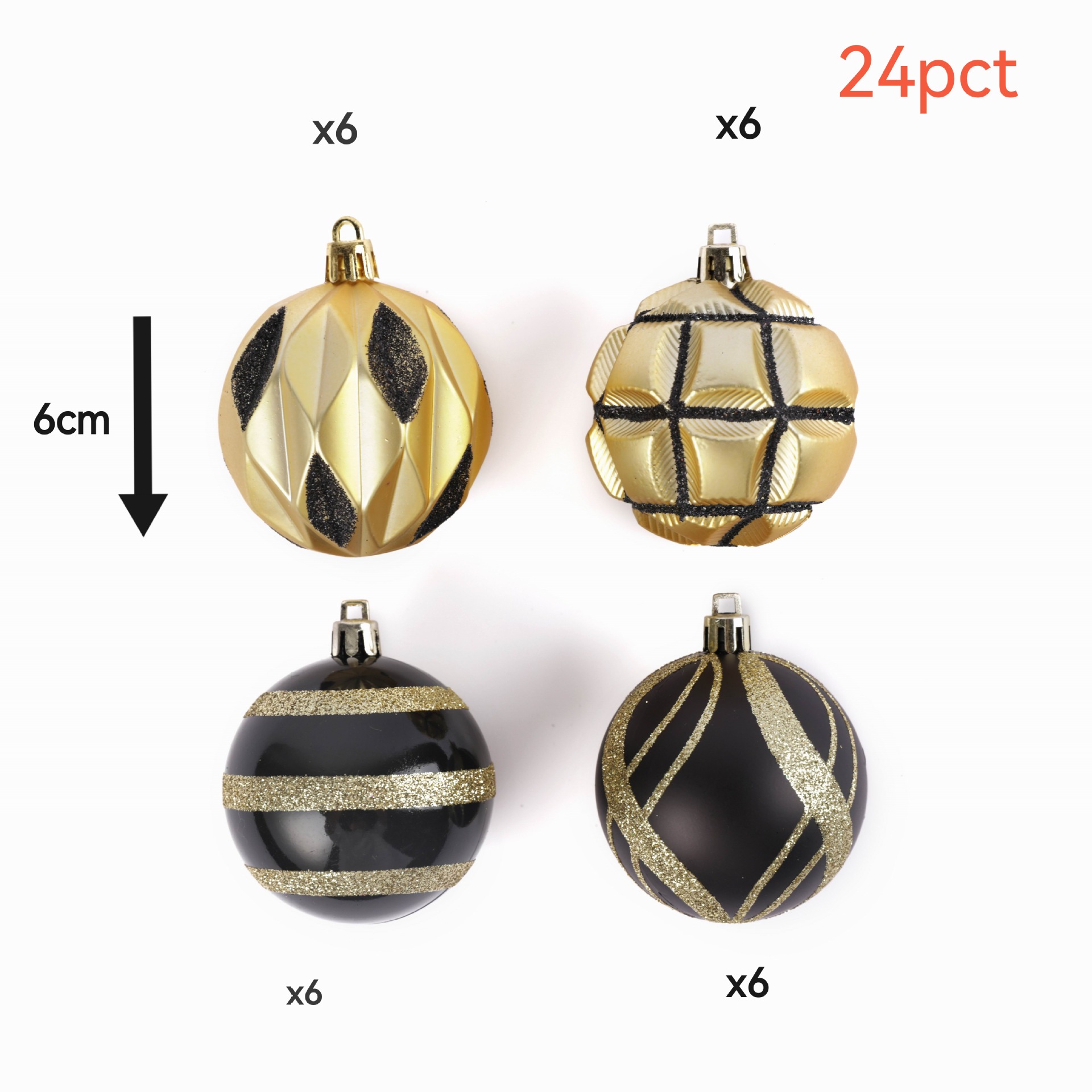 Bola de Navidad Juego de 6cm 24 Juego de oro negro en forma especial Juego de adornos de árbol de Navidad Bola de decoración de atmósfera de centro comercial de plata negra