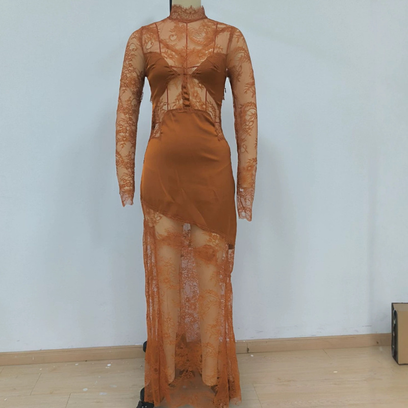 26 European and American style lace-trimmed, see-through, long-sleeved, backless, long dress, satin, light luxury evening gown 26 European and American style lace-trimmed, see-through, long-sleeved, backless, long dress, satin, light luxury evening gown