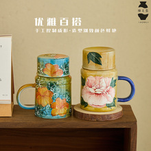 景德镇陶瓷小暖壶中式复古手绘办公室水杯釉下彩马克杯带盖大容量