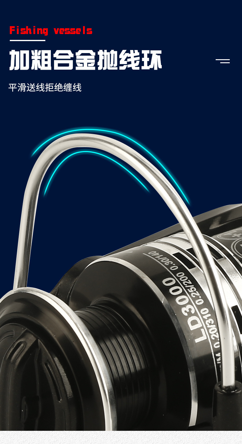 厂家批发黑色渔轮 加粗全金属路亚纺车轮抛线环金属摇臂海竿鱼轮