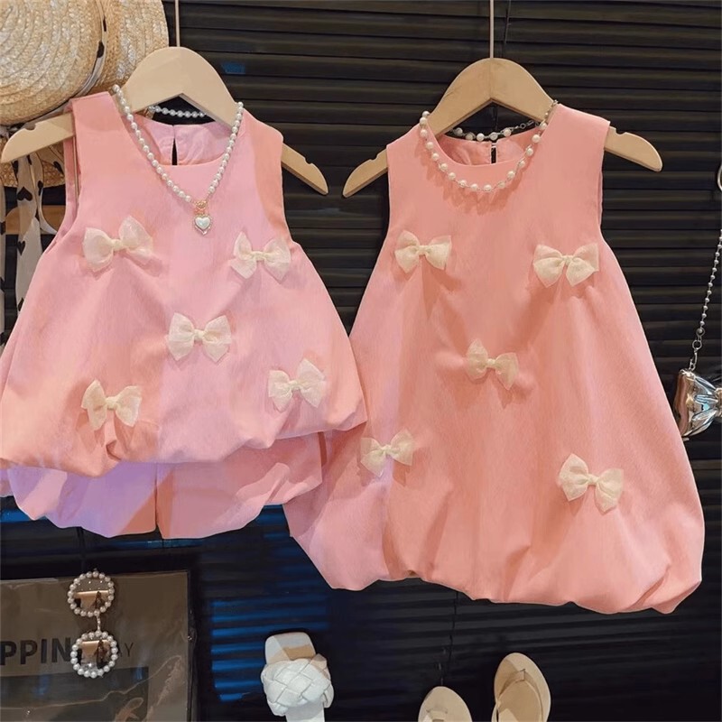 2024 Summer Women's Children's Bow Flower Bud Dress Children's Baby Sleeveless Vest Shorts suit Summer Sister Style