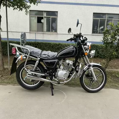 Brand new two-wheeled fuel-powered motorcycle with black body, chrome-plated parts, large cargo rack, powerful engine, for cross-border export to Africa
