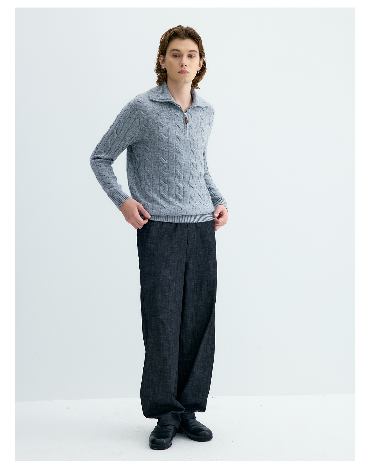 UNF 530g Cable-Knit Half-Zip Polo Sweater