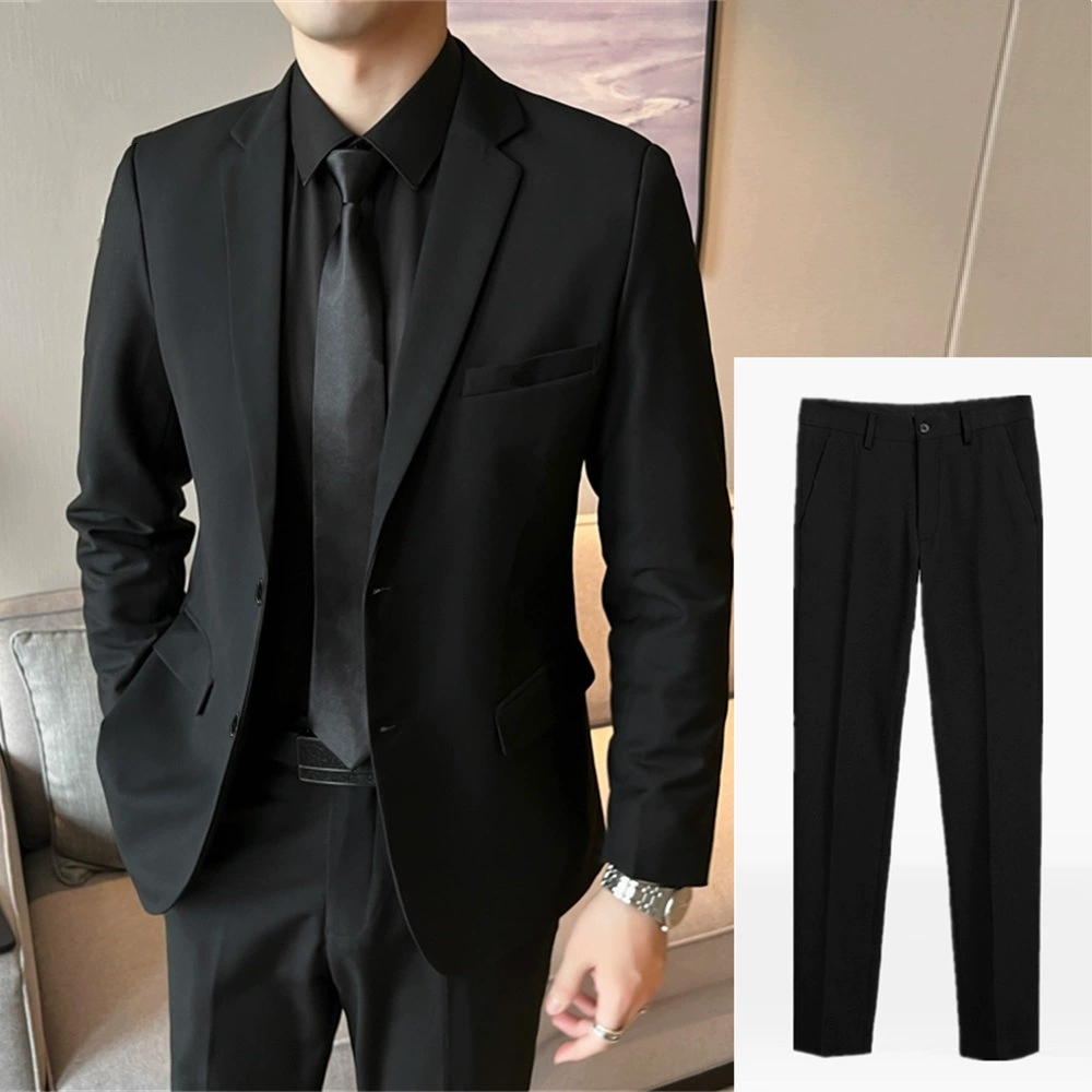 Мужской классический костюм‑пиджак slim fit, чёрный, высокое качество, с опцией галстука